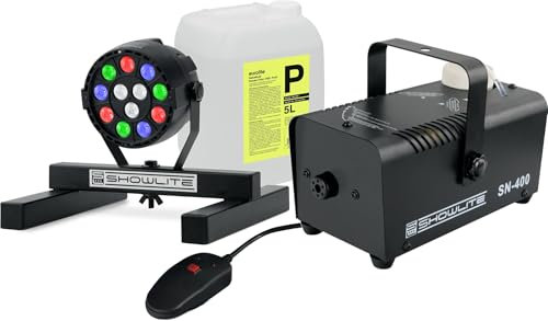 Showlite SN-400 Nebelmaschine DJ Set XL - Ideal für kleine Bühnen - Färbt Deinen Nebel in nahezu jeden Farbton - Nebelmaschine und Scheinwerfer zusammen oder einzeln nutzbar - inkl. 5 l Fluid