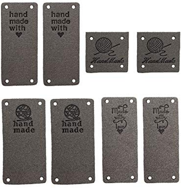 40 Stück PU Leder Label Handmade Tag Label Handmade Tags Button mit Löchern Geprägte Tag Verschönerung Stricken DIY für Jeans Taschen Schuhe Hut Handwerk Basteln, Stricken und Häkeln (4 Arten, Grau)
