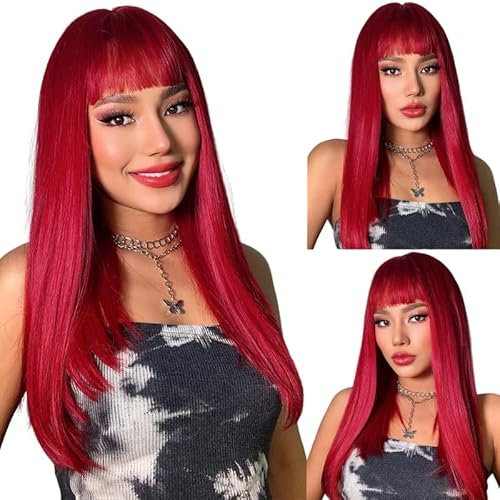 Lange gerade Perücken mit Pony Wine Red Perücken für Frauen, hitzebeständige synthetische Perücken für den täglichen Party/Cosplay (20 Zoll, Wein rot)