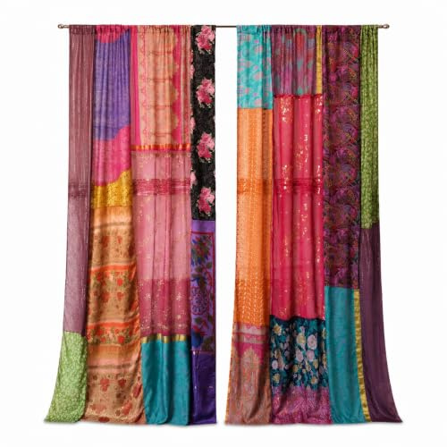 Rajbhoomi HANDICRAFTS Indische lichtfilternde Sari-Vorhänge, bunte Vorhänge, mehrfarbig, Patchwork, Recycling-Vorhänge und Vorhänge, Fensterdekoration, 2 Stück (sortiert)