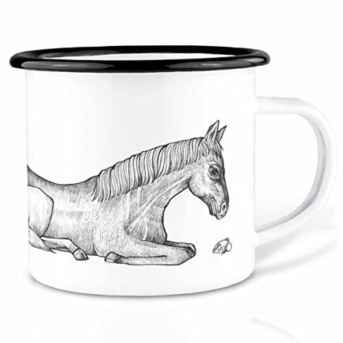 Ligarti Emaille Tasse (leicht & robust) | Camping Becher handveredelt in Deutschland | Trinkbecher für Kinder, Kaffeetasse, Emaillebecher | Essende Tiere (Pferdinand, 500ml)
