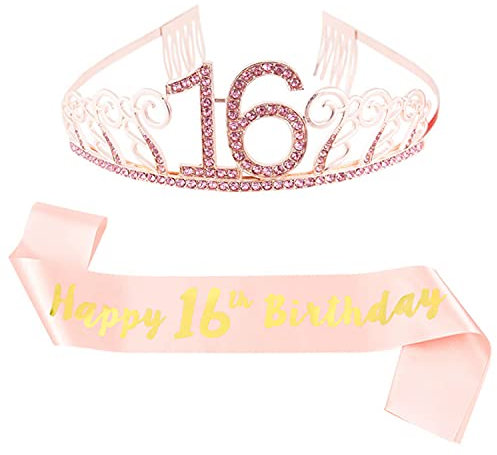 SHONCO Geburtstag Krone Schärpe,Geburtstags Schärpe und Tiara,Roségold Happy Birthday Sash und Birthday Strass Crown Tiara,für Women Birthday Decoration (16TH)