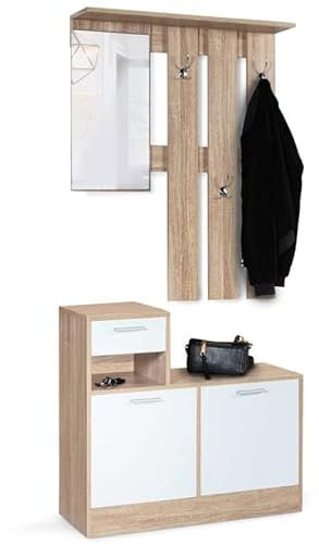 IDMarket - Garderobe für den Eingangsbereich mit Spiegel Paulin Design Buche weiße Türen