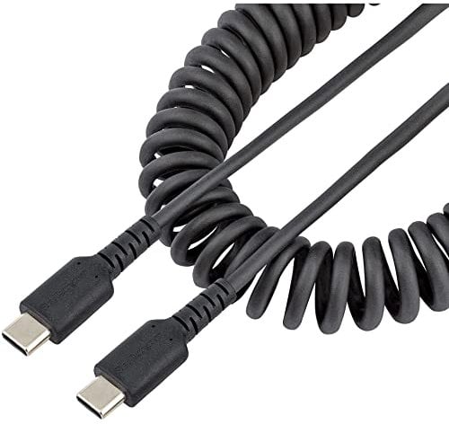 StarTech.com 20in (50cm) USB C Charging Cable, Coiled Heavy Duty Fast Charge & Sync USB-C Cable, USB 2.0 Type-C Cable, Rugged Aramid Fiber, Durable Male to Male USB Cable, Black (R2CCC-1M-USB-CABLE)