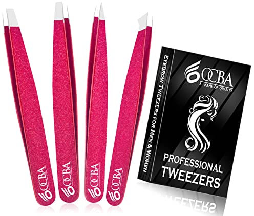 OCBA Lot de 4 pinces à épiler roses pour poils du visage pour femme et homme pour un toilettage précis des sourcils – Pince à épiler professionnelle en acier inoxydable avec revêtement