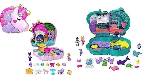 Polly Pocket HCG20 - Einhorn Tee-Party Spielset, Schatulle mit Glitzer-Einhorn & HCG16 - Otter Aquarium, Aquarium-Thema mit Micro Polly & Nicolas Puppen