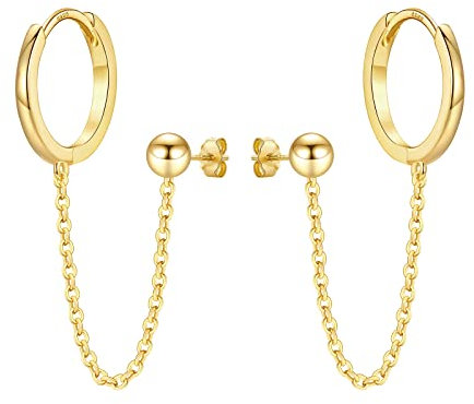 925 Sterling Silver Chain Hoop Earrings for Women, Gold Double Piercing Two Holes Huggie Hoop Earrings Tassel Drop Link Cuff Cartilage Helix Ball Stud Earrings for Teen Girls Jewellery Gifts