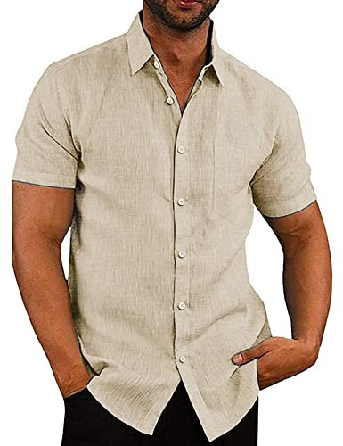 COOFANDY Short Sleeved Shirts for Men Linen Shirts Summer Beach Shirt Holiday Casual Shirt Relaxed Fit Khaki M