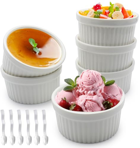 ZSMJAER Pack de 6 Moldes de Cerámica de 6 Tenedores, Moldes de Porcelana, Apto Para Horno, Microondas y Lavavajillas, Cuencos de Cerámica Para Suflé, Natillas, Pudín, Pastel, Queso, Postre, Helado..