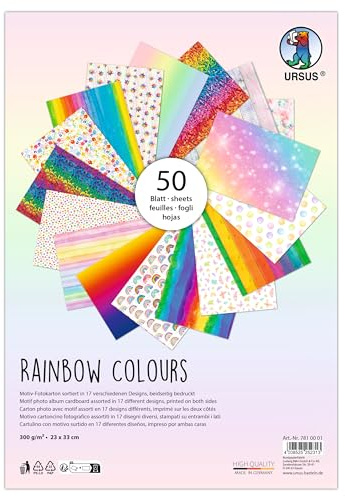 Ursus 7810001 - Fotokarton, Rainbow Colours, 50 Blätter, ca. 23 x 33 cm, 300 g/m², beidseitig Bedruckt mit 17 verschiedenen Motiven, aus Frischzellulose, zum vielseitigen Basteln