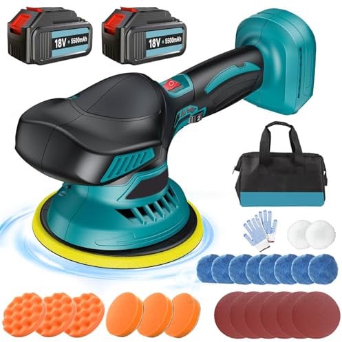 Cordless Car Buffer Polisher with 2X 12V 3000mAh Battery, 6 Inch Polishing Machine Kit 6 Variable Speed 750-6800OPM, with 16PCS Attachments Used for Car Detailing/Waxing/Sanding