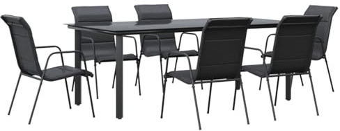 Gecheer 7-TLG. Garten Essgruppe 6 Personen, Gartenmöbel Set, Tisch mit Stuhl, Terassenmöbel, Gartengarnitur für Garten Terrasse, Schwarz Stahl und Textilene