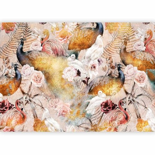 murando Photo Wallpaper Birds 490x350 Peel and Stick Self-Adhesive Foil Print Wall Mural Peacock Dove Flamingo Retro Gold Vintage Flowers Fern g-C-0355-a-a