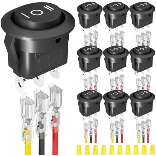 MKBKLLJY 10 St. 2Wege Rundwippschalter 12V 3polig 3Positionen Schalter EIN/AUS/EIN 6A/250V AC 10A/125V DC SPDT 20mm schwarzer Kreis Kippschalter mit Anschlussdrähten für Auto Boot