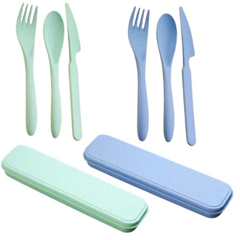 Generic 2 Sets Portable Cutlery Set with Case,Reusable Plastic Forks Spoon Tableware,Travel Fork Knife Spoon Set, Travel Cutlery Set
