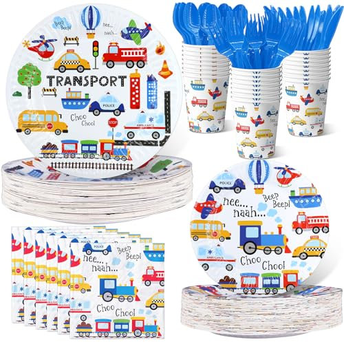 HaPiBiDesign Transportation Party Decorations, Supplies & Tableware - 140pcs Blue, Red, Yellow, Green Cartoon Pattern - Perfect for Transportation Themed Parties