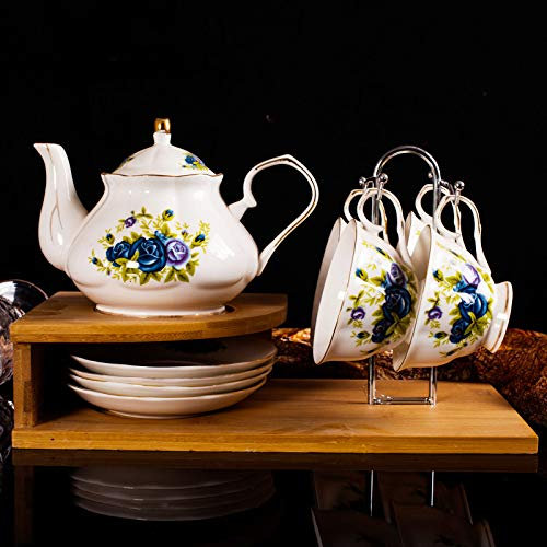 VNNHGB Teeservice mit Retro-Blumenmuster, englisches Porzellan-Teeservice, Teetasse und Untertasse, Set aus chinesischem Porzellan, Kaffee-Geschenkset mit Getränkehalter, Ständer, A