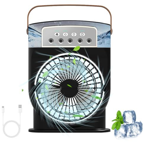 Mobiles Klimagerät, Tragbare Mini Klimaanlage mit 7 Farben LED-Licht, 1/2/3 H Timer, 3 Windgeschwindigkeiten, 3 Sprühmodi, Klimagerät Mobil für Schreibtisch, Nachttisch, Kaffeetisch (Schwarz)