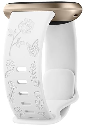 Oumida Armband für Fitbit Versa 3/4, Sense/Sense 2 - Weiches Silikon Mit Blumengravur für Damen und Herren (Weiß)