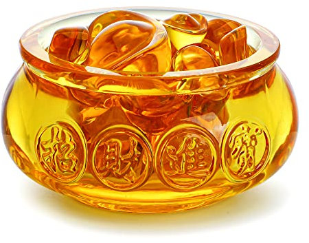 HDCRYSTALGIFTS Goldene Schatzbecken-Figur aus Kristallglas mit 41 Stück Barren/Yuan Bao, Glück, Reichtum, Wohlstand, Sammlerstücke, Feng Shui-Dekoration für Zuhause, Büro