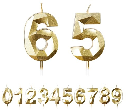 FUZVOL Birthday Cake Candles, Gold Number 65 Candle | Cake Topper Decorations