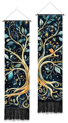 PLIGREAT 2er Pack Baum des Lebens Wandteppich Vertikale Blätter Vögel Wandbehang mit Quasten Schwarz Ästhetischer Wandbehang für Schlafzimmer Lange schmale Wandbehang Home Art Decor