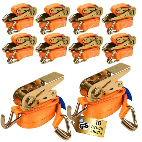 10 Stück Spanngurte 6m x 1000kg mit Ratsche und Haken - 25mm Zurrgurte mit Ratsche - Orange Ratschengurt für Ladungssicherung - TÜV/GS geprüft nach DIN EN 12195-2 - KODIAK STRAPS