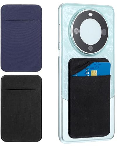 Sibba Cell Phone Card Holder Pocket 2Pack Phone Wallet Stretchy Stick on Case Pouch Sleeve Self Adhesive Sticker with Flap Back Double Pocket Hold for All Smartphones (Blue+Black)