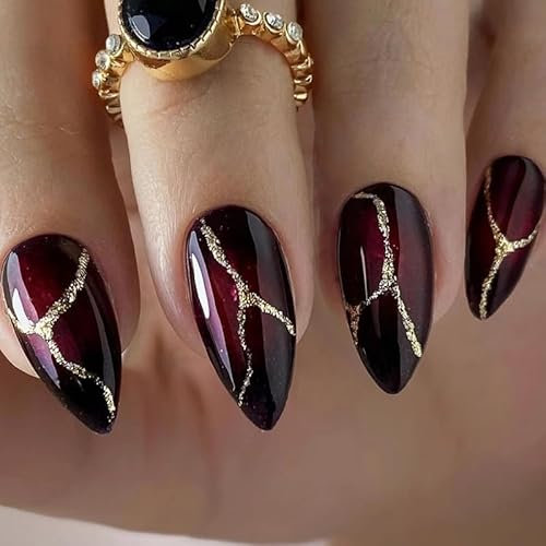 Press on Nails Medium Length Almond Shape, Black Red Ombre Nails with Glitter Gold Line, Artificial Fingernails for Gluing, Fake Nails Set, Women's Nail Art Accessories, Pack of 24