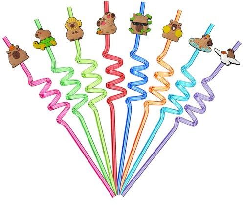 VerteLife 8 Stück Wiederverwendbare Strohhalme Kunststoff Trinkhalme Neuheit Capybara Strohhalm Lockige Cocktailparty Strohhälme für Kinder Erwachsene - Capybara