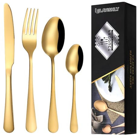 24-Piece Gold Stainless Steel Flatware Set, LAVISHLY Mirror Polished Cutlery for 6 People, Durable & Dishwasher Safe Tableware