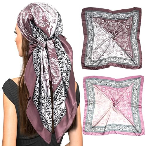 Pink Paisley Silk Head Scarf -Womens 35 Square Classic Silk Like Neck Scarfs for Hair Wrapping at Night(2 Pack-S)