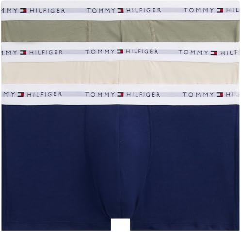 Tommy Hilfiger Men’s 3 Pack Trunks with Logo Waistband, Multicolor (Prpy Nvy/Util Sage/Newsprint), M