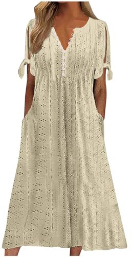 KUIH Boho Dresses for Women UK,Ladies Summer Dresses with Pockets V Neck Casual Dress Hollow Out Short Sleeve A Line Beach Dress Plus Size Sundress Holiday Clothes
