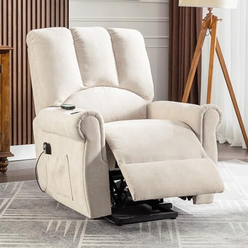 Jaxenor Riser Recliner Chairs for The Elderly, Riser and Recliner Chairs Electric with Massage & Heat, Armchair with Single Motor, Standing Assist, Storage Bag, Cup Holder, Beige