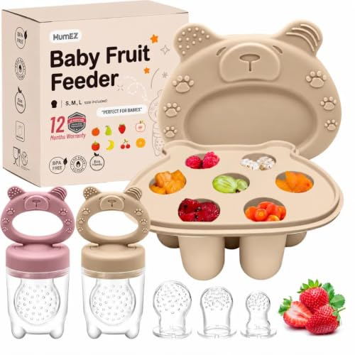 MumEZ Juego de 2 chupetes de comida para bebés con tetinas de 3 tamaños, comedero de frutas de silicona para bebés, bandejas de congelador, chupete y recipientes de almacenamiento