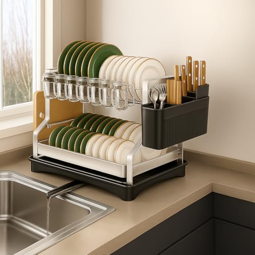SerkaHome Escurreplatos Acero Inoxidable 2 Niveles - Drenaje Automático y Patas +4 cm - Seca Platos Grande y Compacto – Organizador Fregadero Cocina con Soporte para Platos, Cubiertos y Vasos