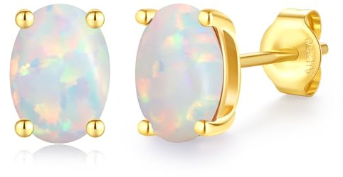 FANCIME Solide 14 Karat 585 Gelb Gold Oval Ohrringe Ohrstecker mit Echt Natürlich/Synthetische Edelstein Geschenk Schmuck für Damen Mädchen Mama, Größe: 5 * 7 mm