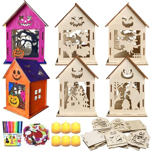 Qunkun Halloween Haus Bastelset Kinder, 6 Stück Holz Haus Basteln, Halloween Deko Bastelset, Holz Haus Basteln mit LED Kerzen zum Bemalen für Halloween Party Geschenk Jungen Mädchen