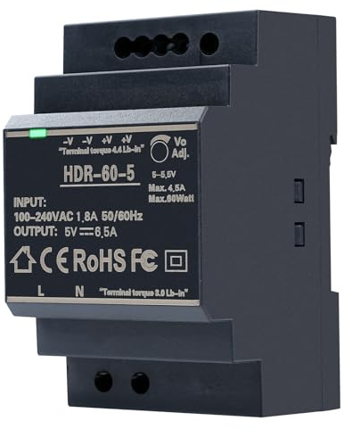 BuyWeek Fuente de alimentación para riel DIN 32.5W 6.5A Transformador de fuente de alimentación 5V DC para automatización doméstica o industrial (HDR-60-5)