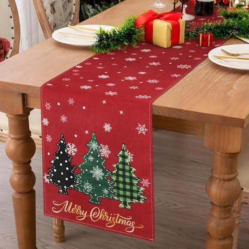 Tischläufer Weihnachten Rot Weihnachtstischläufer mit Bäumen Schnee Weihnachtsdeko X-mas Weiß Schneeflocke Tischdeko Weihnachtsläufer Weihnachtsdeko Tischdeko Rot Tischläufer Weihnachten 40x140 cm