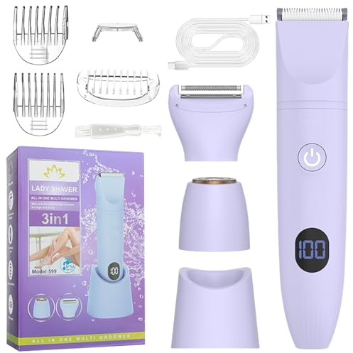 Rasierer Damen Intimbereich, 3-in-1 Epilierer Intimrasierer für Frauen, Elektrorasierer Damenrasierer Elektrisch Haarentferner Bikini Trimmer Led-Anzeige Wasserdicht IPX6 für Gesicht Arme Körper-Lila