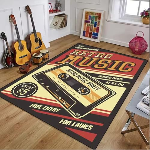 JIAOJING Retro Musik Thema Bereich Teppich Mit Kassette Jazz Gitarre Rock Muster Saugfähige Bodenmatte Für Wohnzimmer Schlafzimmer Zuhause 80X150Cm