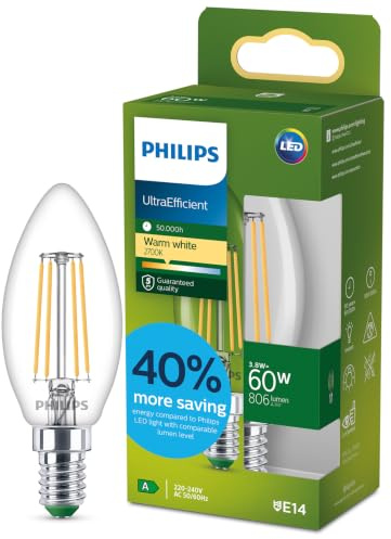 Philips LED UltraEfficient LED Lampe in Kerzenform, klar mit Glühfaden, E14-Sockel, Energieklasse A, 806 lm, entspricht 60 W, Warmweiß (2700 K), EyeComfort, 50.000 Std Lebensdauer, 1er Pack