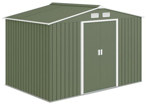 Outsunny Casetta da Giardino 4.9 m² con Fondazione, 4 Prese d'Aria e 2 Porte Scorrevoli, Capanno Porta Attrezzi in Lamiera d'Acciaio, 277x195x192 cm, Verde