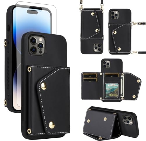 ELISORLI Luxury Wallet Case for iPhone 16 Pro 6.3 inch with Screen Protector Card Slots Slim Flip Purse & Shoulder Strap, PU Leather Credit Card Holder Stand Phone Cover for i Phone16 i16 16Pro Black
