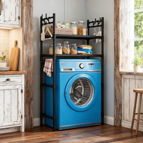 kumamart Heavy Duty Over Washer and Dryer Storage Shelves - Freestanding Washing Machine Storage Rack, Practical Over the Washer Storage Shelf for Home Organization(Black)
