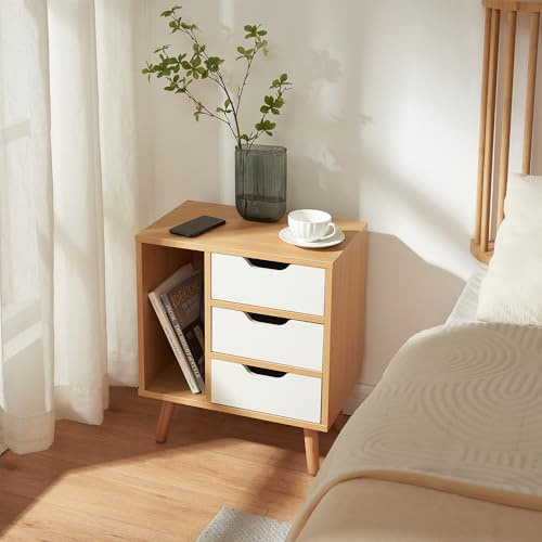 [en.casa] Nachttisch Bordkak Nachtschrank mit 3 Schubladen und 1 Ablagefach Beistelltisch 55 x 48 x 30 cm Nachtkästchen Nachtkommode Holzbeine Eicheoptik/Weiß
