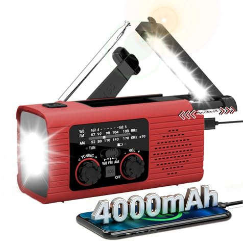 Wind Up Solar Radio, Survival Hand Crank Radio AM/FM/WB, Emergency Radio for Outdoor with 4000 mAh Capacity Battery, Portable Radio with USB Charger, LED Flashlight, Reading Lamp, SOS Alarm