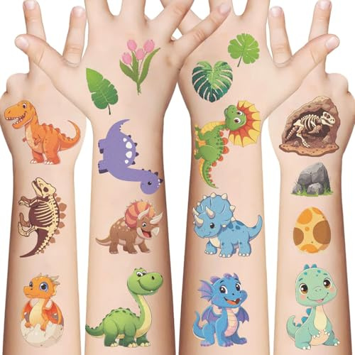 EvanMader 10 Blätter Dinosaurier Temporäre Tattoos | Wasserfeste Tattoo Aufkleber mit Urzeit-Motiven, ideal für Geburtstage, Mitgebsel & kleine Entdecker